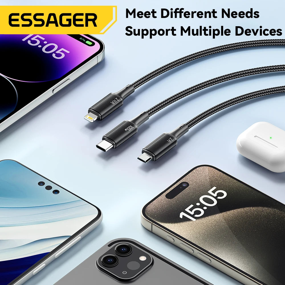 Essager 100W Cable USB C to Type C to Lighting PD Fast Charger Data 3 in 1 Quick Charging Cord - Supersell
