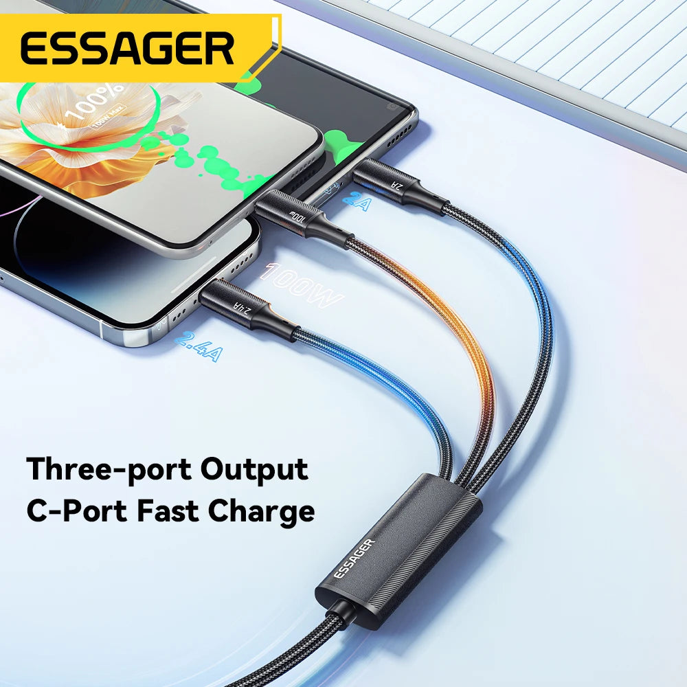Essager 100W Cable USB C to Type C to Lighting PD Fast Charger Data 3 in 1 Quick Charging Cord - Supersell