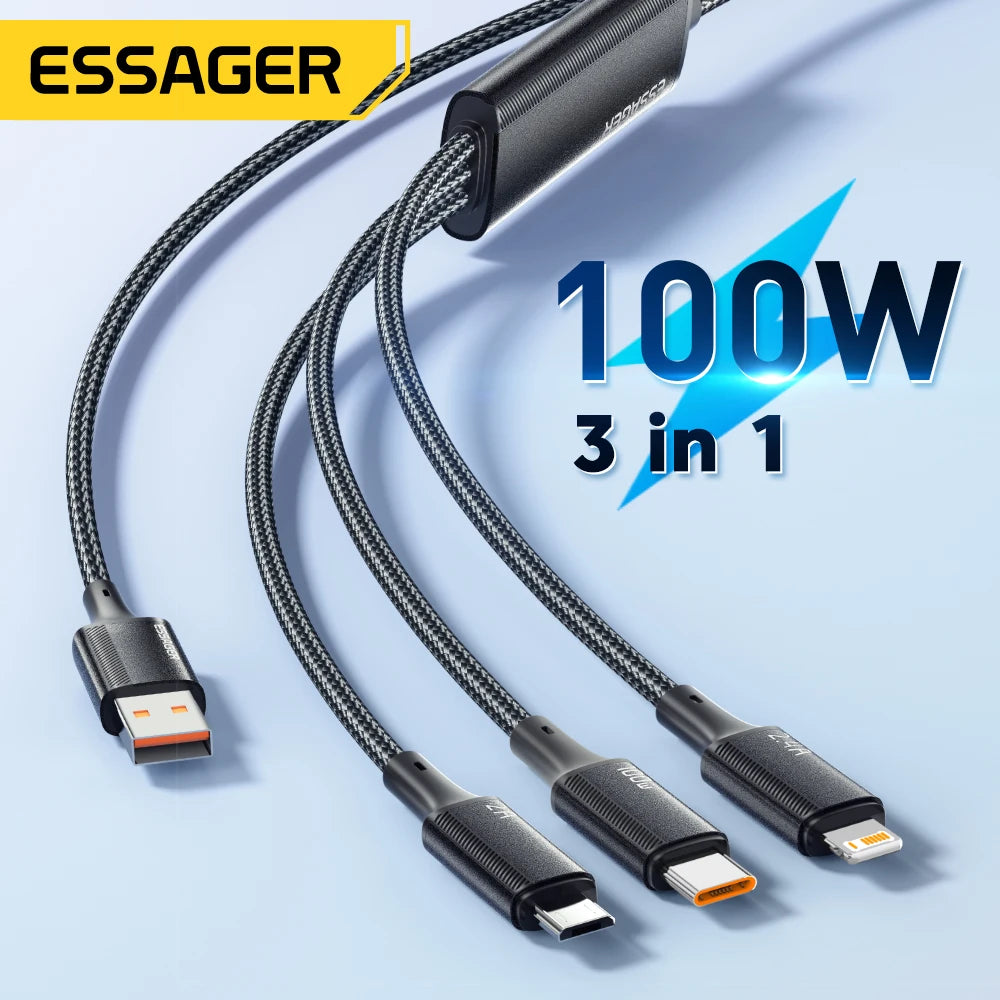Essager 100W Cable USB C to Type C to Lighting PD Fast Charger Data 3 in 1 Quick Charging Cord - Supersell