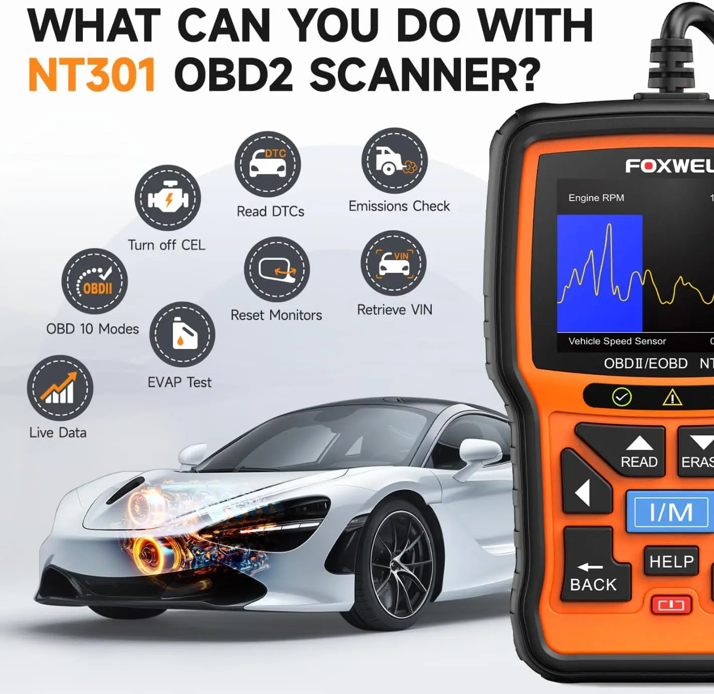 FOXWELL NT301 OBD2 Scanner Check Engine Code Reader Professional ODB2 - Supersell 