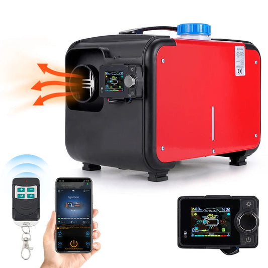 Red and black portable generator with smartphone app and remote control on a white background